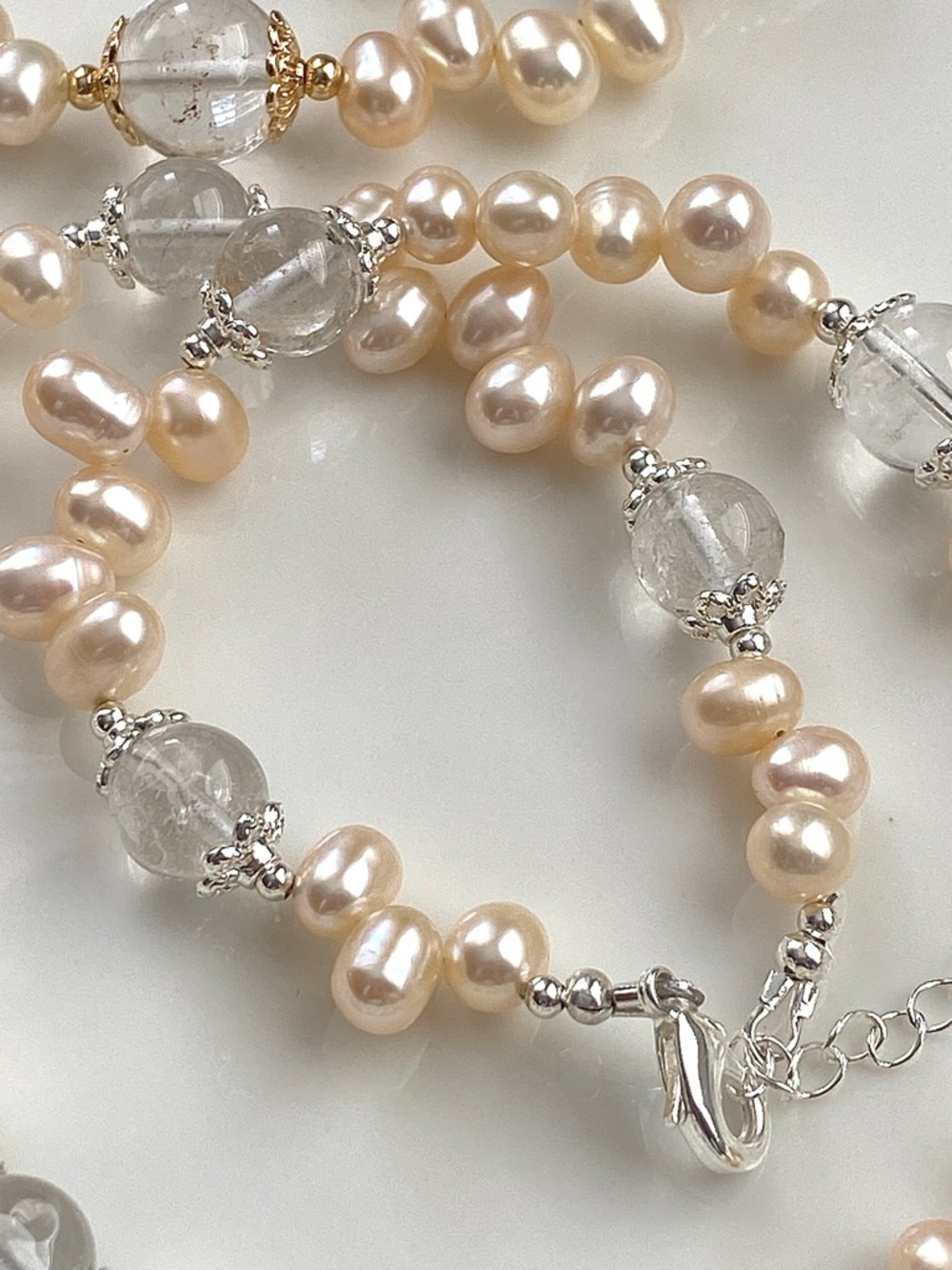 GP66-Handmade High Quality Champagne Freshwater Pearl And Clear Quartz Necklace - Picture 10 of 10